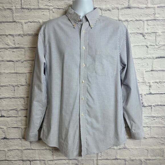 Lands' End Mens 16x35 Reg Blue White Stripe Button Up Long Sleeve Dress Shirt - Picture 2 of 10